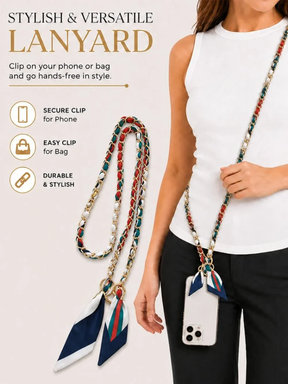 Ribbon Chain Phone Crossbody Lanyard with clear Tether Patch